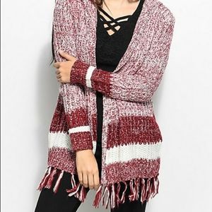 Burgundy & White Fringe Hooded Cardigan Sweater
